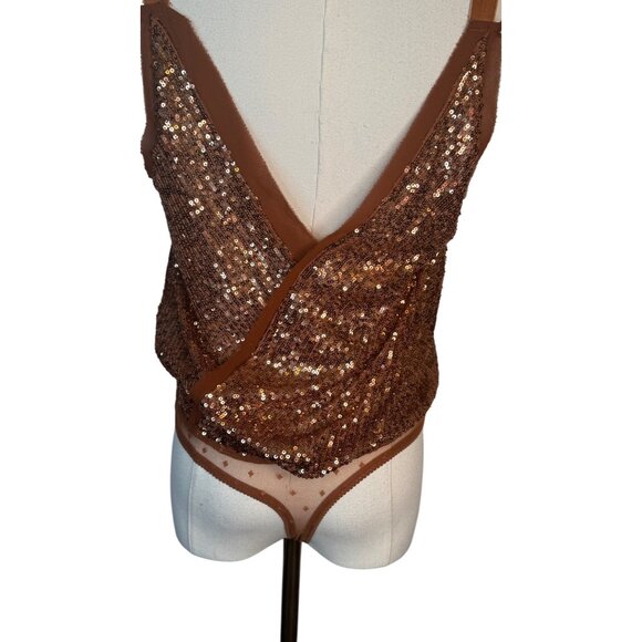 Free People XS Women's Shimmer & Shine Thong Bodysuit, Sunset, Brown, Metallic - Picture 9 of 15